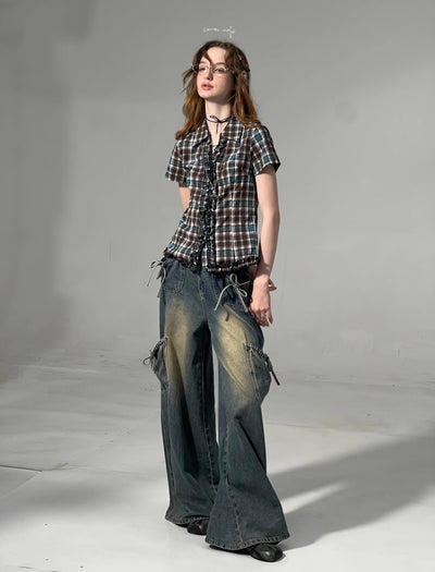 Lace Brown And Blue Plaid Short-sleeved Shirt ZIZ0276