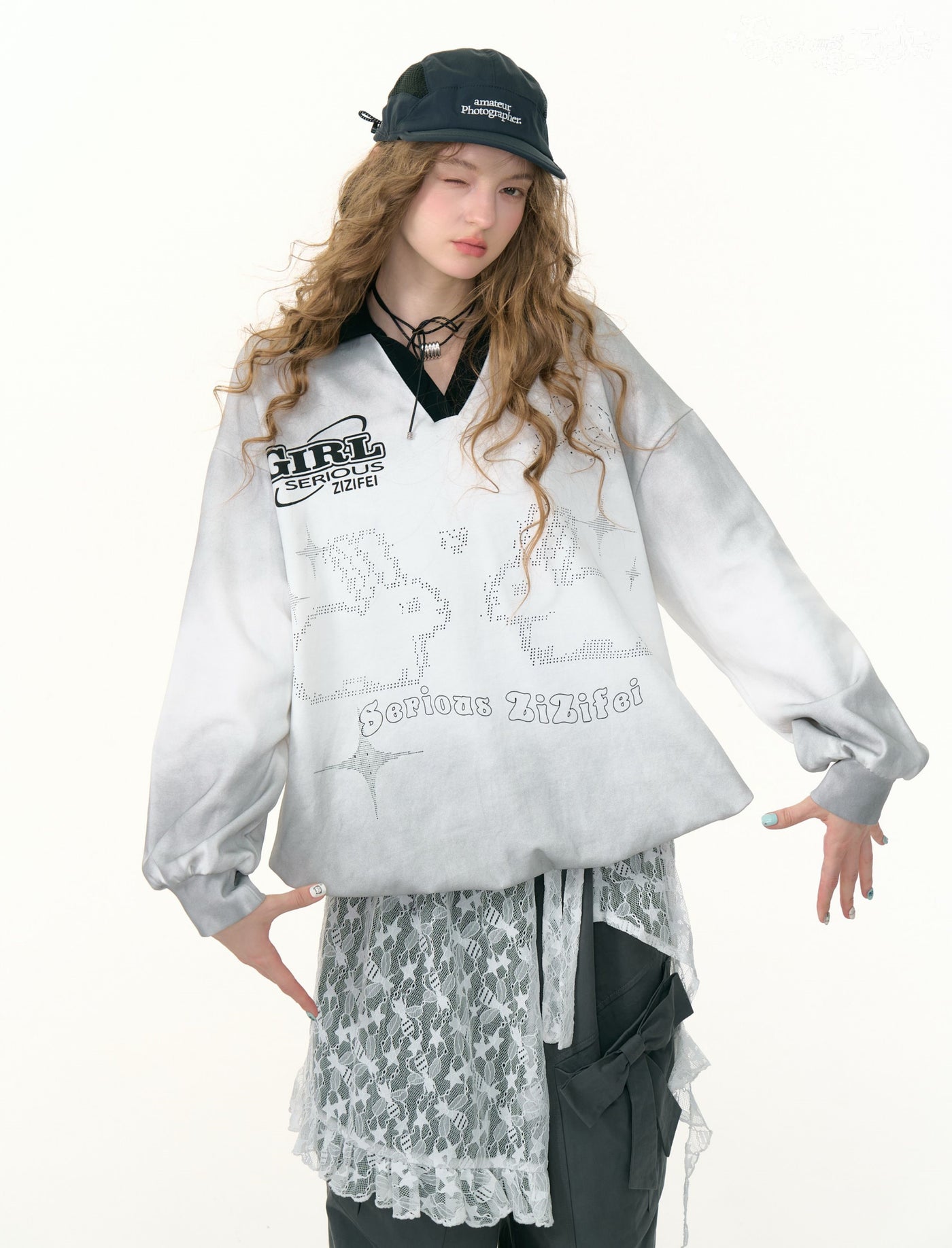 Gradient Rabbit Prints V-neck Sweatshirt ZIZ0305