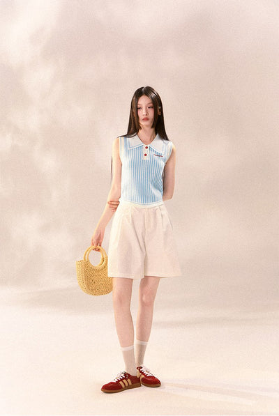 Striped Polo Knitted Short Sleeve Top/Pleated Skirt TIP0001