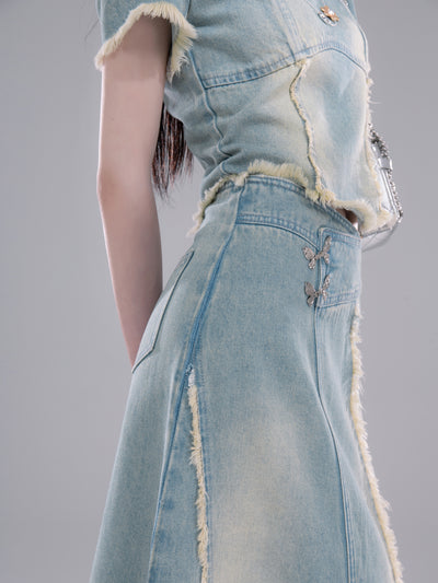 Raw-edge Denim Top/Slit Skirt COT0266