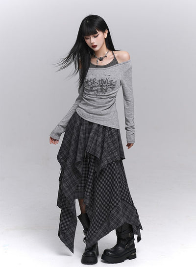 Irregular Hem Plaid Midi Skirt LAD0227
