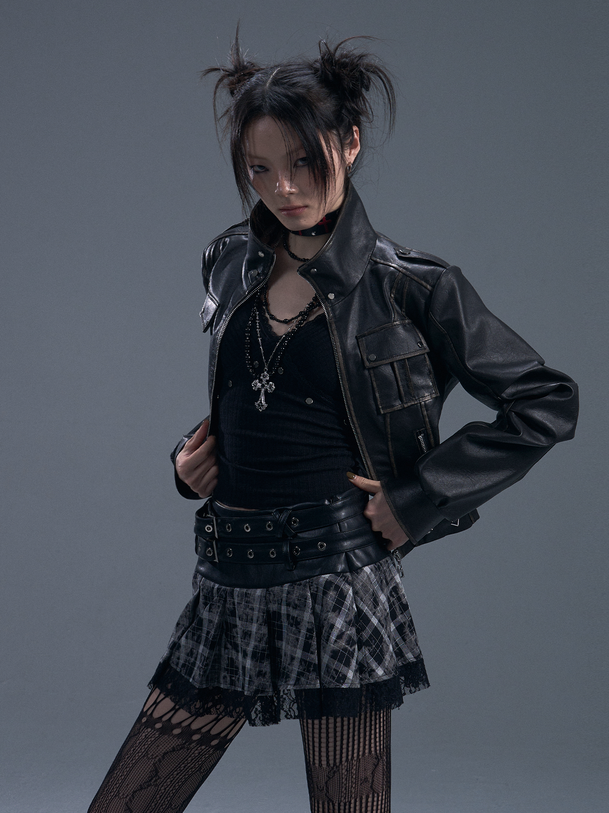 Punk Rock Plaid Double Belt Skirt FRU0091