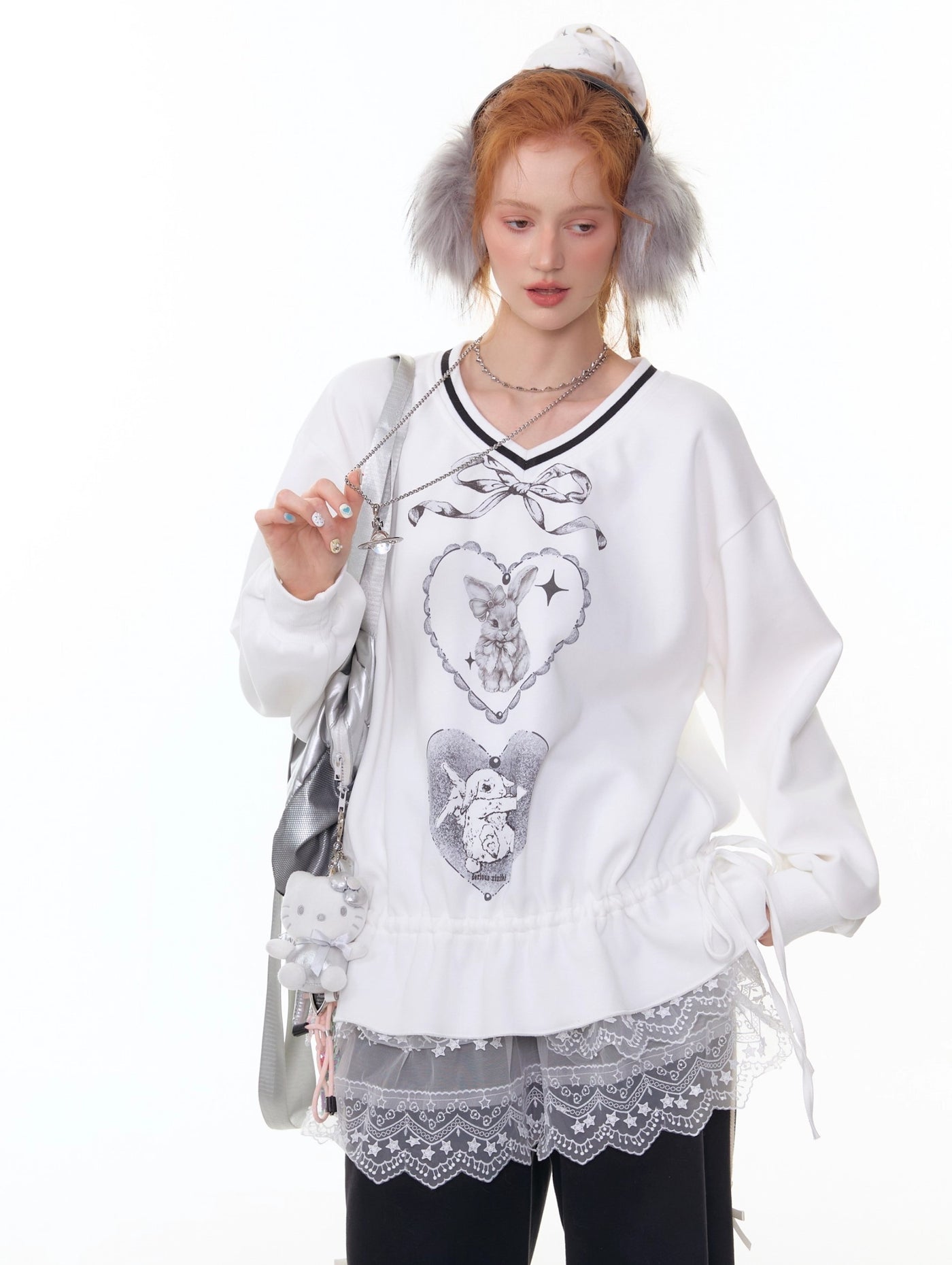 Retro Design Hem Rabbit Print Sweatshirt ZIZ0301