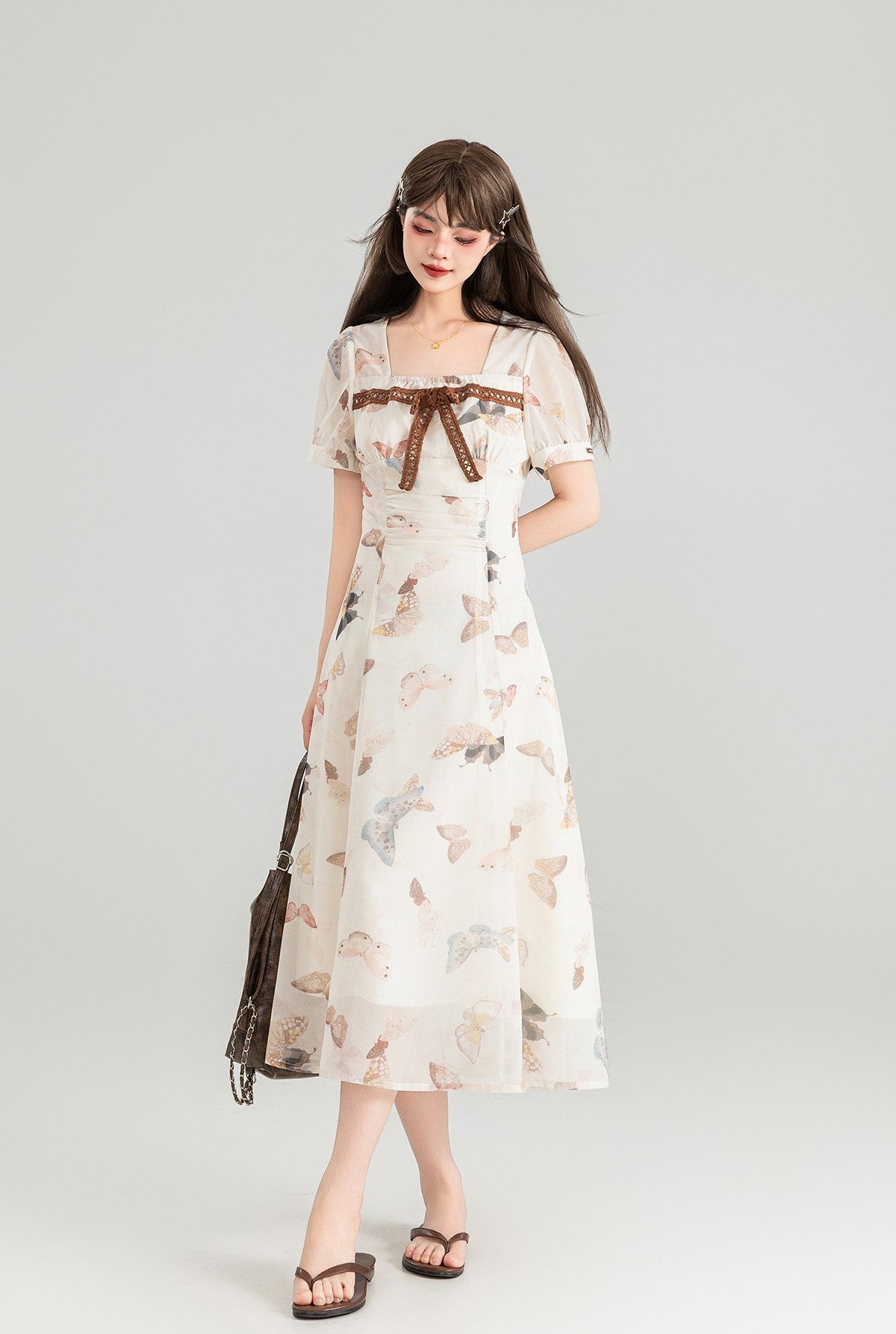 Butterfly Floral Neck Pleated Waist Slimming Long Dress KEI0111