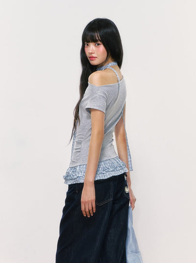 Plaid Ruffled Off-shoulder T-shirt WEE0053
