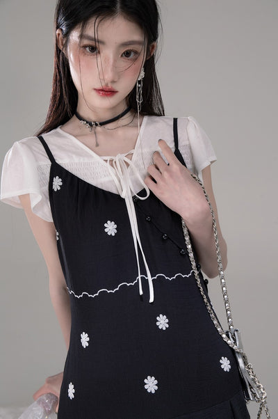 V-neck Shirt+Pleated Black Printed Dress COT0302