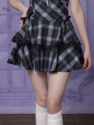Blue Checkered College Style Puff Sleeve Shirt/Skirt SAG0136