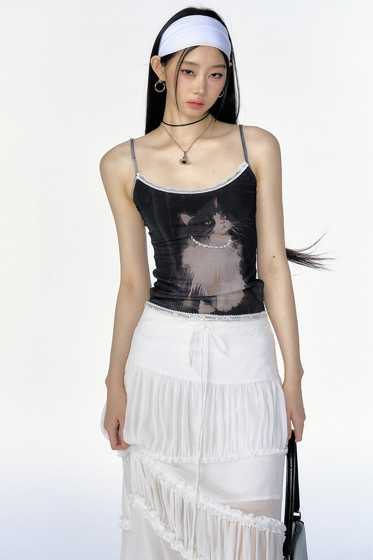 Cute Cat Print Black Lace Mesh Camisole CUR0109