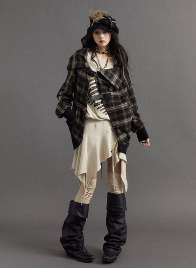 Retro Street Punk Lazy Style Pile Collar Plaid Asymmetric Jacket NOR0110