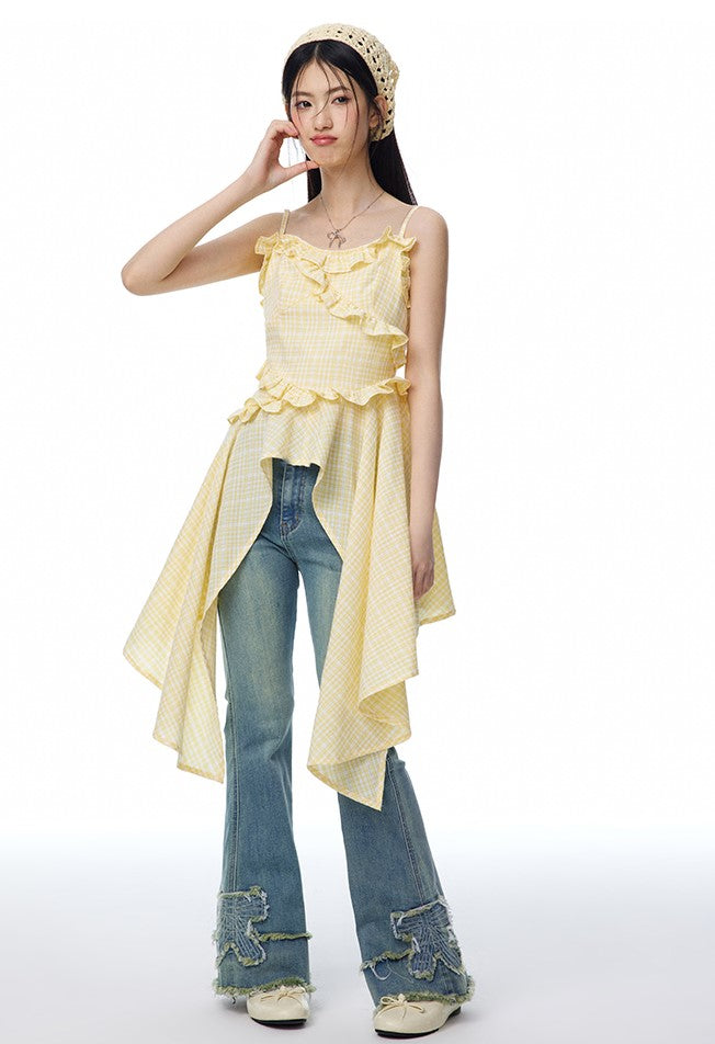 Yellow Plaid Irregular Hem Ruffle Lace Camisole NTO0101