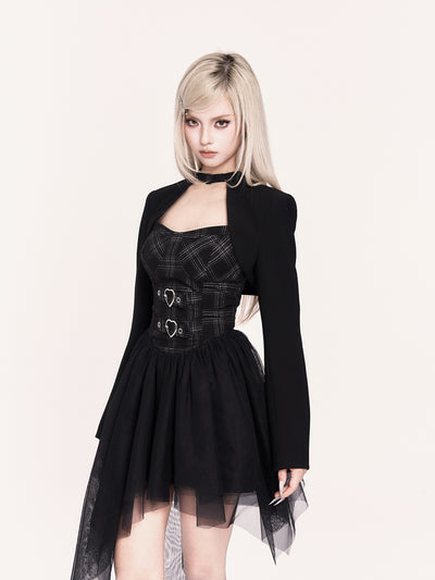 Irregular Mesh Puff Dress/Cross Short Jacket VOC0468