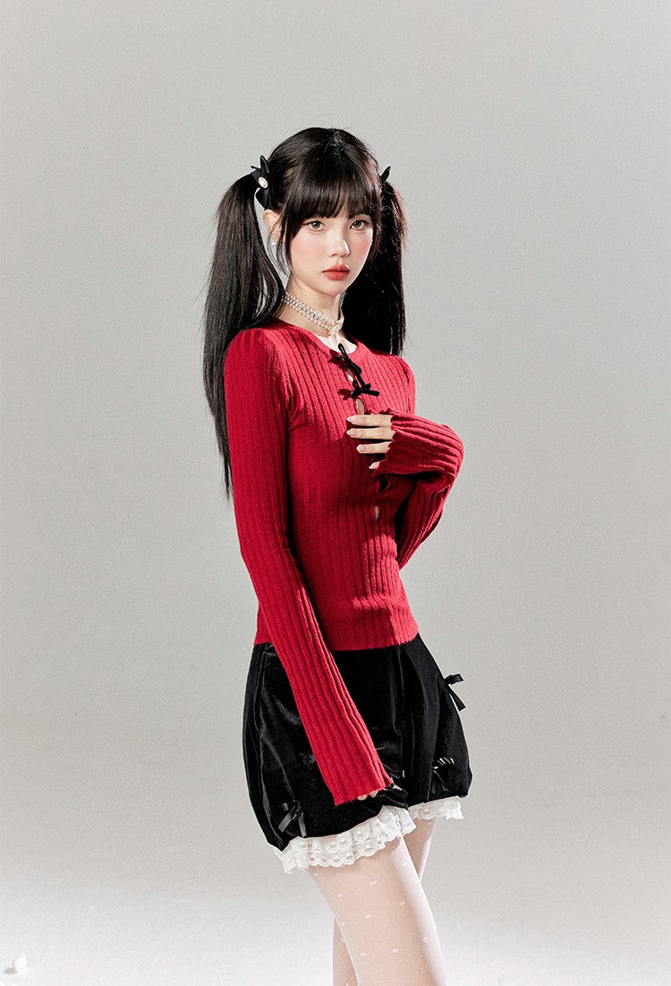 Hollow Long Sleeve Round Neck Bow Knitted Sweater/Skirt TBI0051