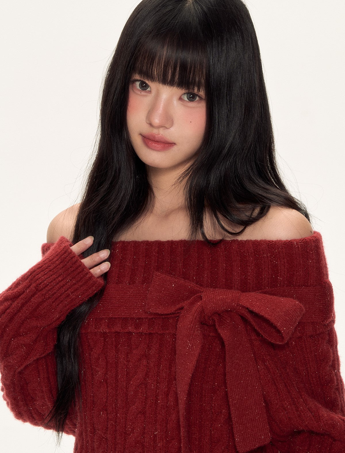 Red Off-Shoulder Bow Sweater WEE0088