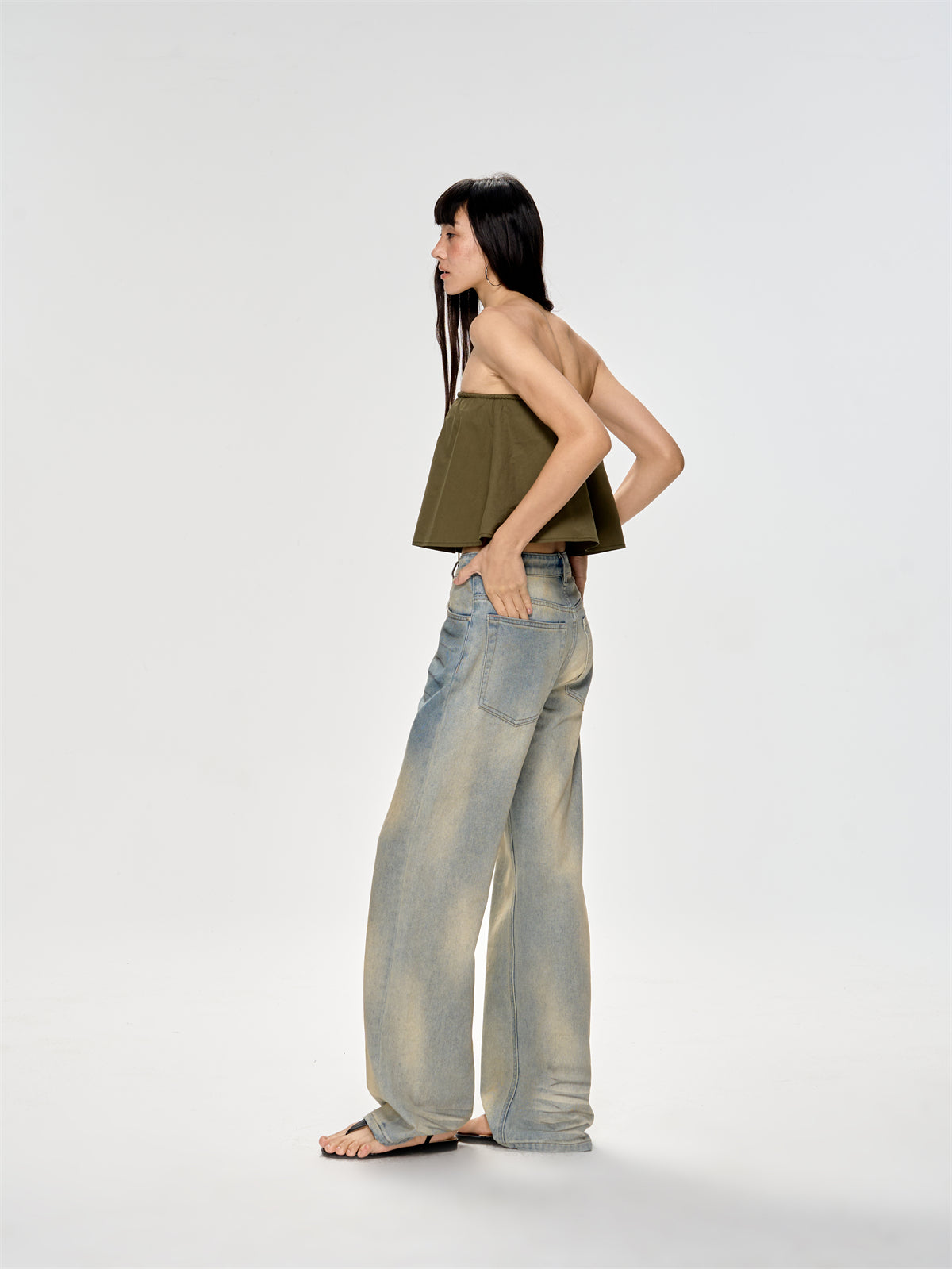 Mottled Washed Drape Wide-leg Jeans CUR0226