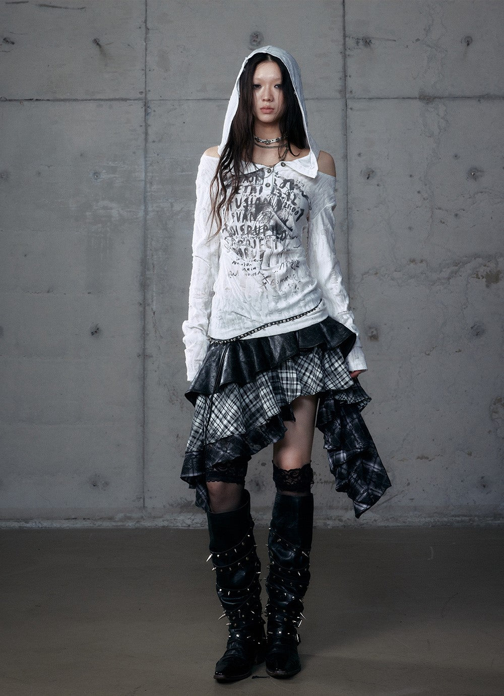 Punk Plaid Irregular Splicing Leather Skirt NOR0188