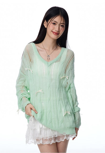 Lazy Style Mint Green Irregular Hollow Bow Knit/Camisole NTO0115