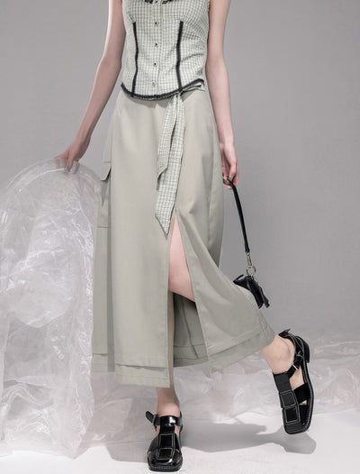 Blue Grey Slit Long Skirt COT0327