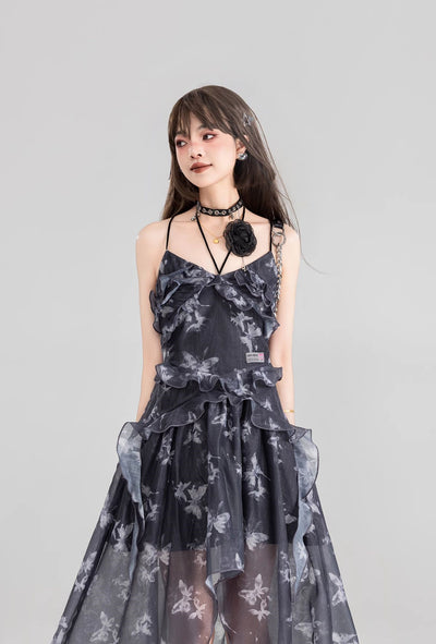 Butterfly Floral Sling Strap Backless Tulle Long Dress/Cardigan KEI0118