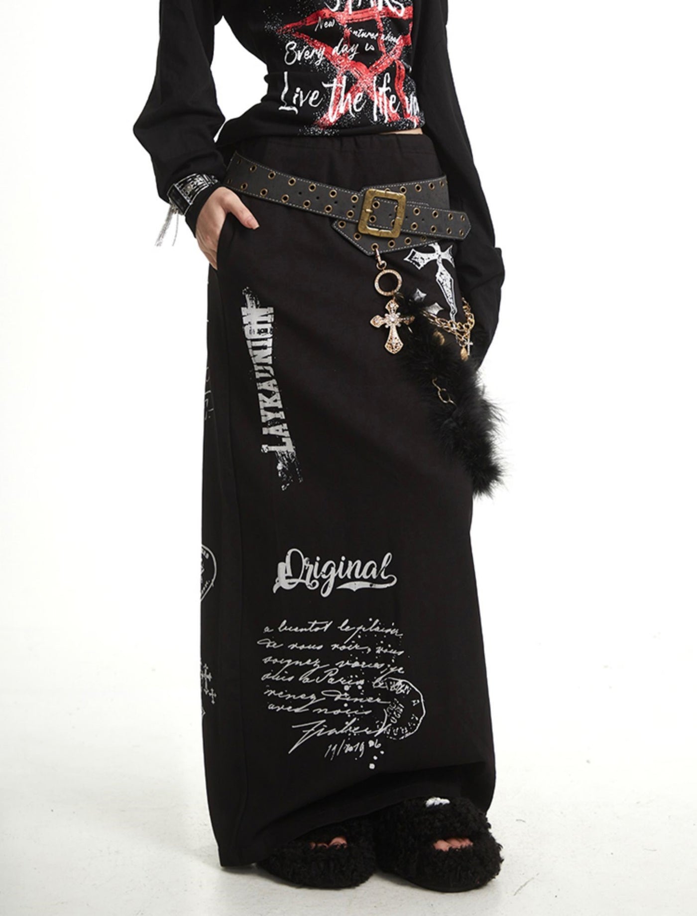 Cross Print Slit Straight Skirt UNC0270