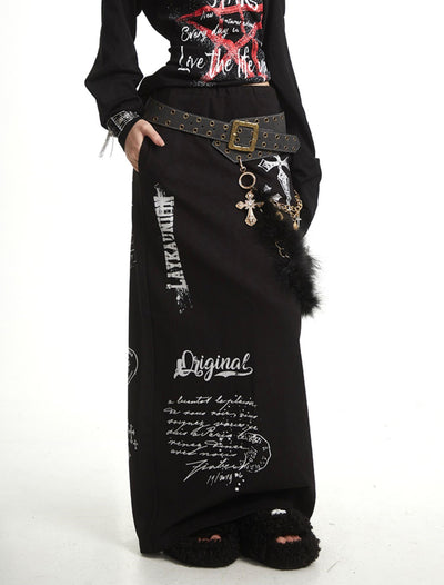 Cross Print Slit Straight Skirt UNC0270