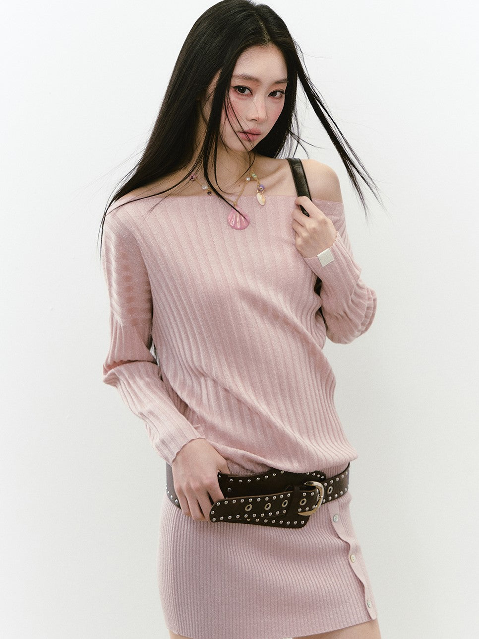 Off Shoulder Button Knitted Dress VIA0267