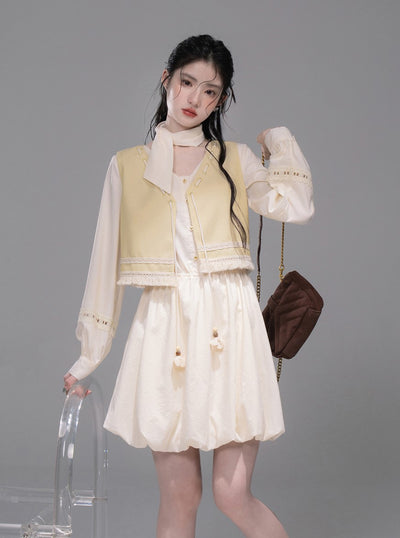 Custard Vest/Lace White Shirt Dress COT0336