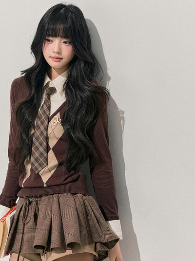 Faux Two-Piece Diamond Pattern Sweater DIA0747