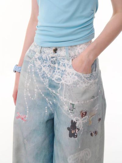 Chain Print Wide Leg Blue Jeans ZIZ0282