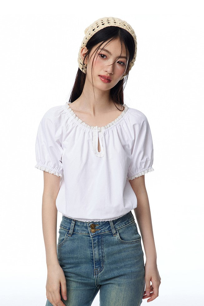 Puff Sleeve Round Neck Lace Shirt NTO0108