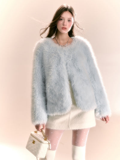 Luxury Wear Small Imitation Fur Blue Short Coat QDQ0104