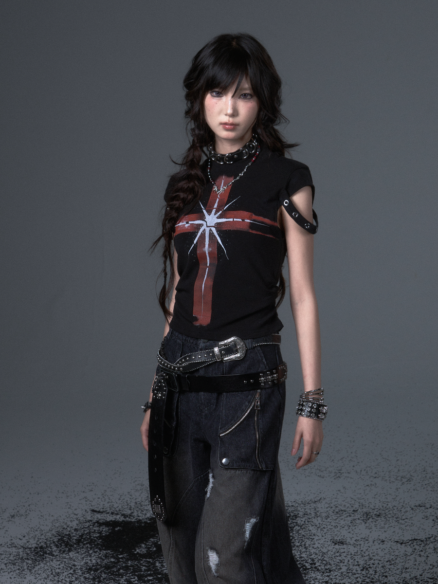 Punk Cross Print Short T-shirt FRU0105