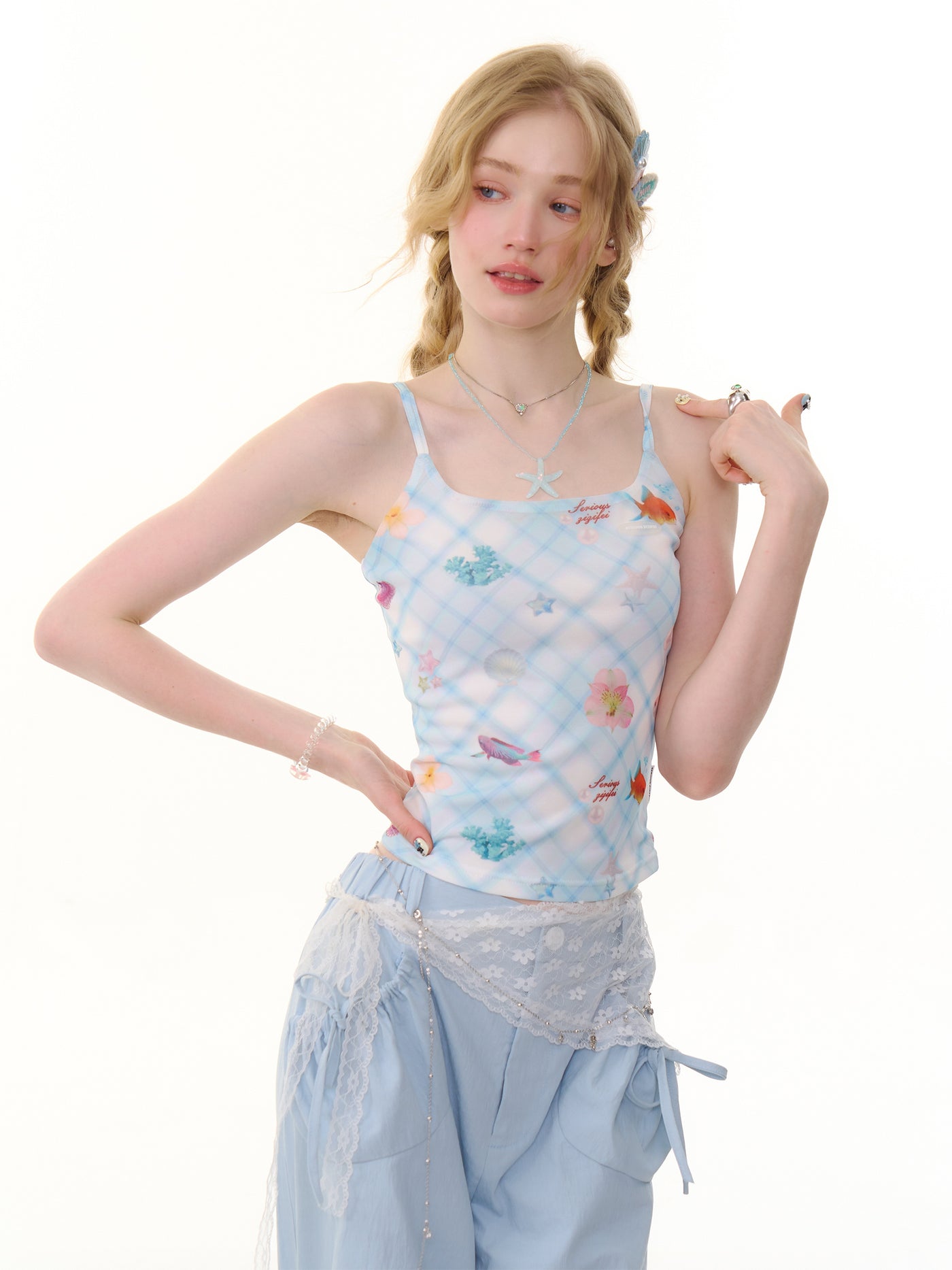 Retro Design Plaid Shell Print Camisole ZIZ0280