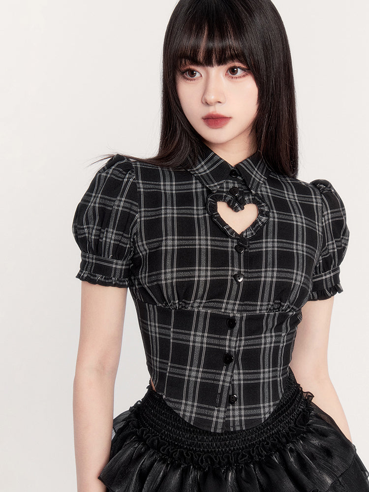 Hollow Heart Plaid Slim Design Puff Sleeve Short Shirt VOC0233