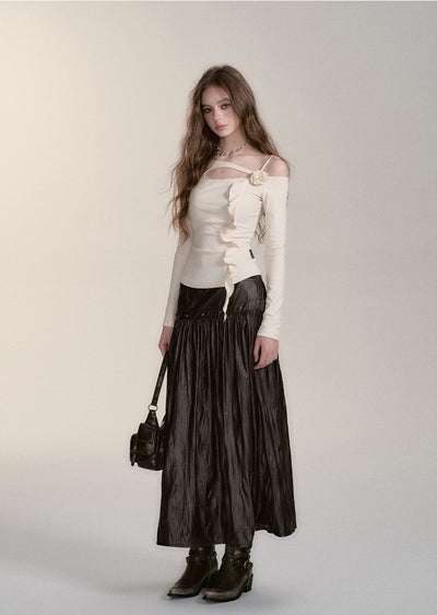 Mid-length Design Imitation Pleated Leather Skirt VIA0177