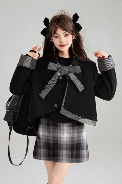 Bow Tie Short Jacket/Black Slit Long Skirt/Plaid Short Skirt KEI0184