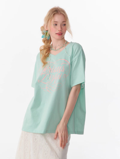 Basic Letter Print V-neck Loose Short-sleeved T-shirt ZIZ0094