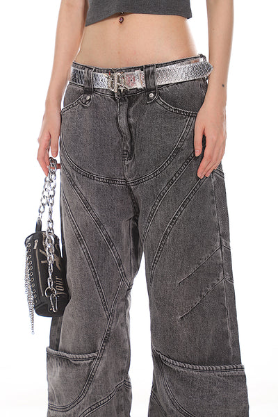 Washed Retro Multi-pocket Deconstruction Design Wide-leg Jeans UNC0120