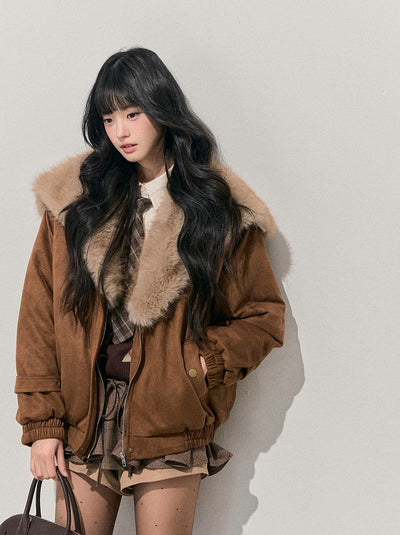 Brown Quilted Thick Detachable Fur Collar Jacket DIA0743