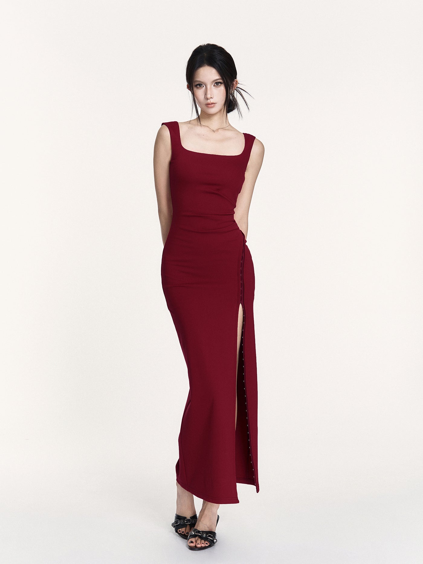 Red Waist Slit Square Collar Dress VOC0428