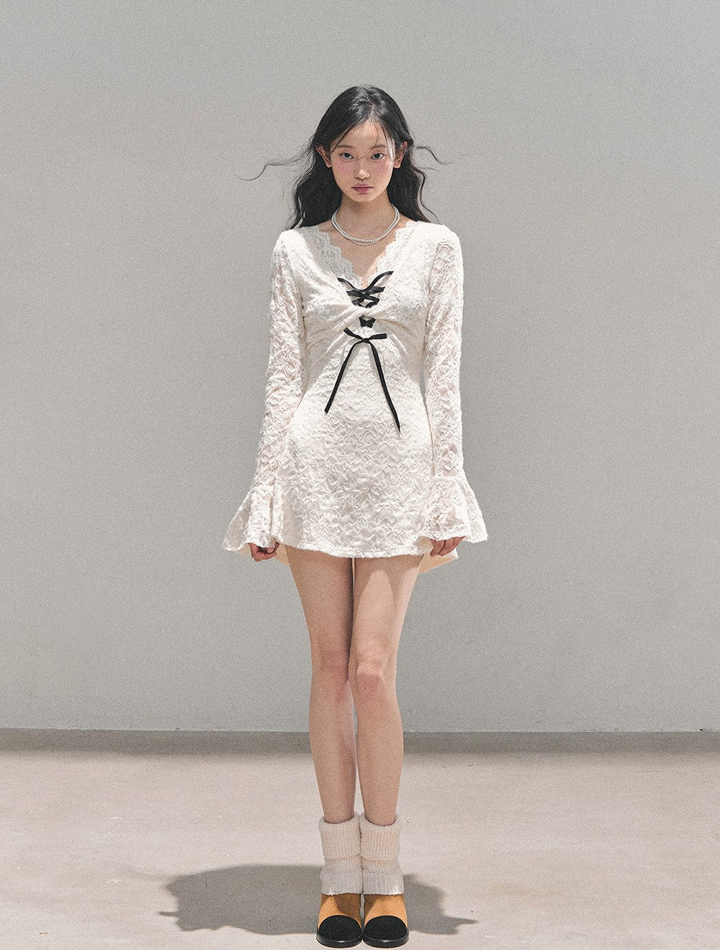 V-neck Long-Sleeved Lace Dress DIA0727