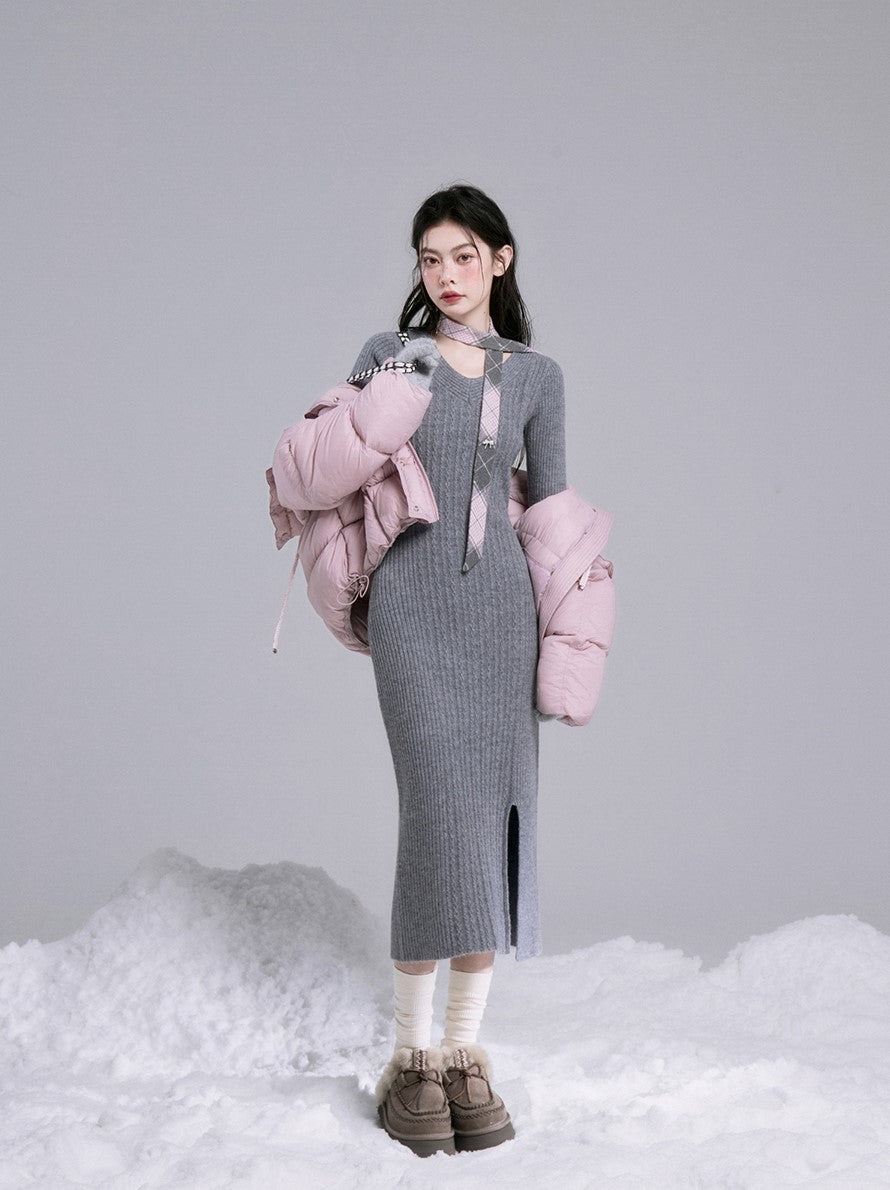 Curve Shaping Gray Pink Ribbon Wool Knit Dress COT0189