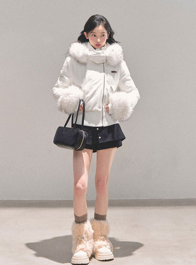 White Fur Hooded Down Jacket DIA0714
