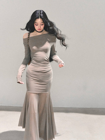 Off-shoulder Slimming Sheer Dress DIA0697