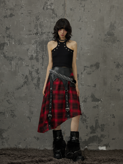 Dark Punk Street Rock Splicing A-line Black And Red Plaid Skirt FRU0032