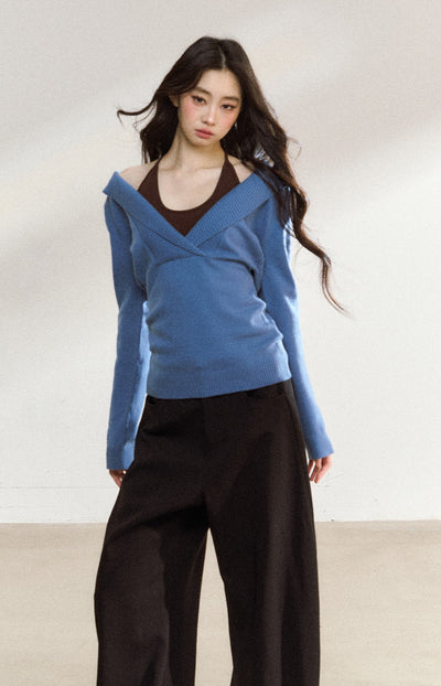 Blue V-neck Loose Sweater SHI0221