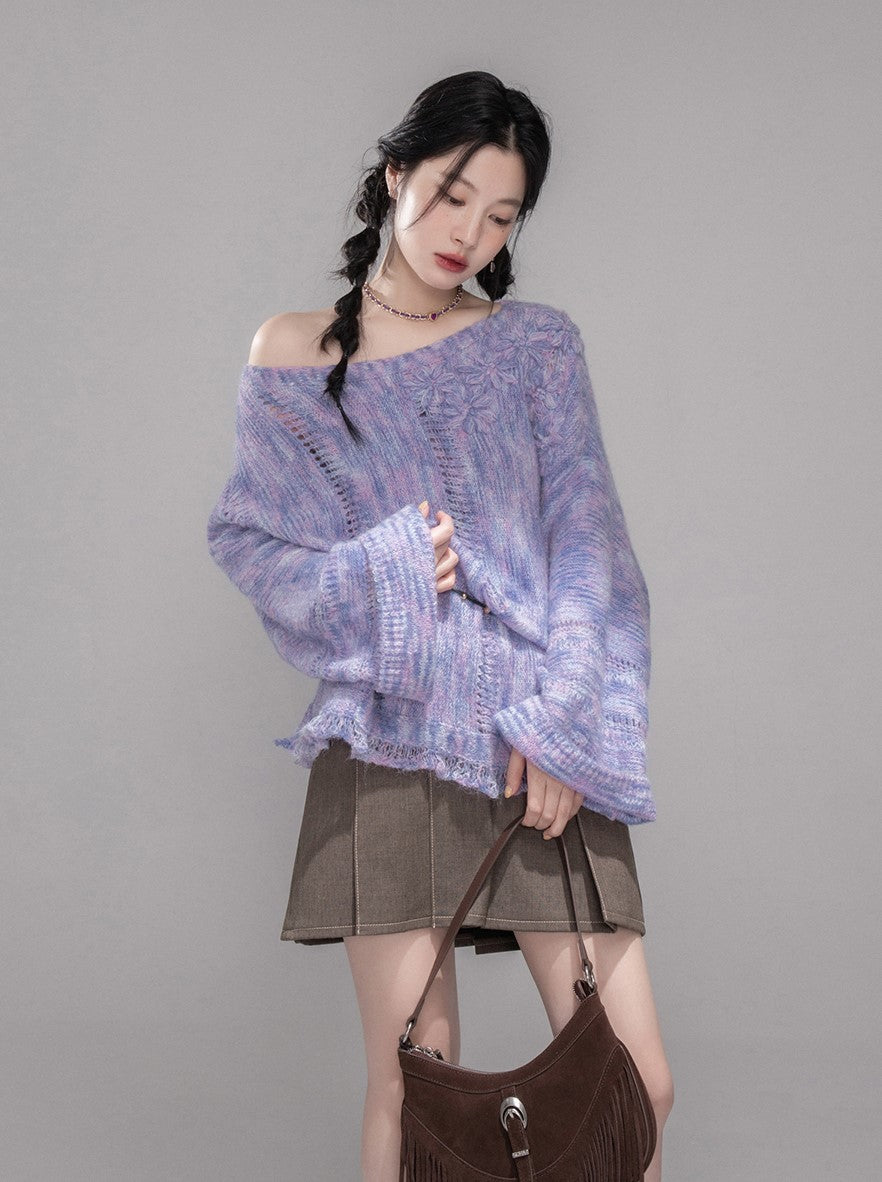 Purple Flower One Shoulder Sweater COT0363
