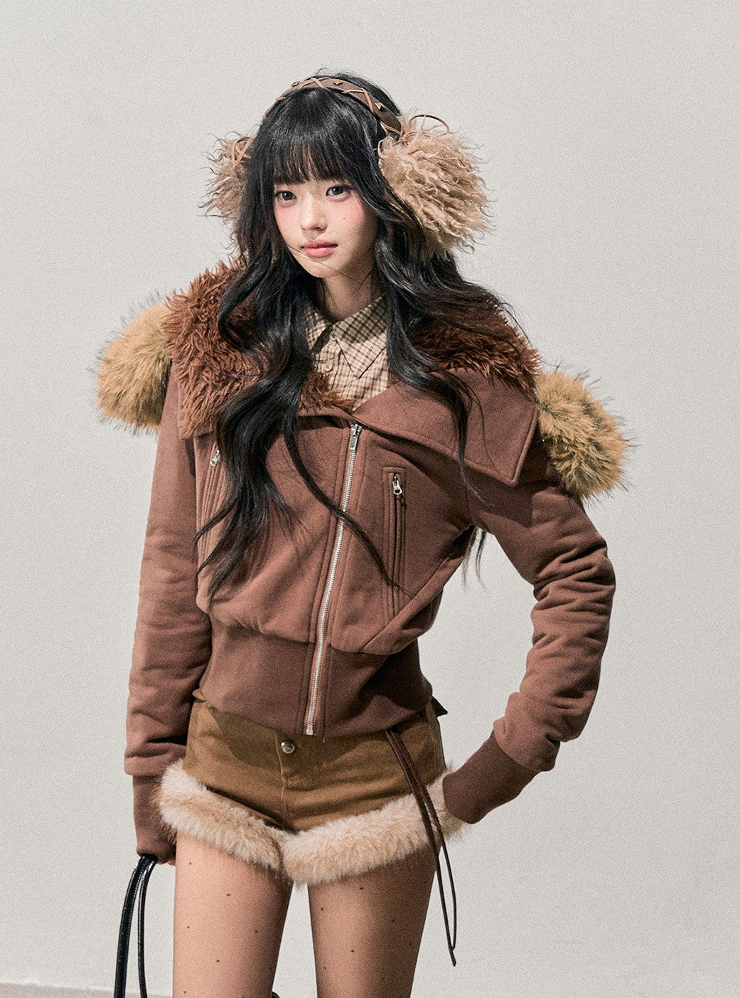 Brown Detachable Shearling Collar Jacket DIA0752