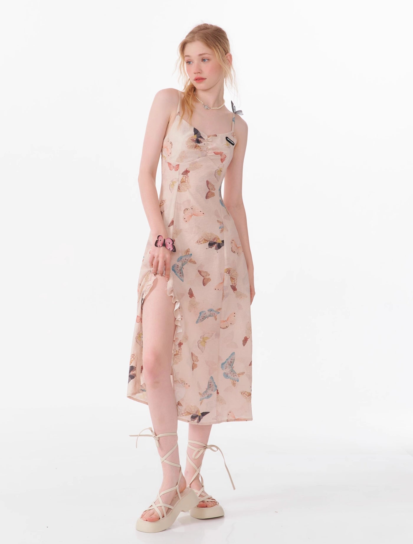 High-end Design Butterfly Print Long Slit Suspender Dress ZIZ0085