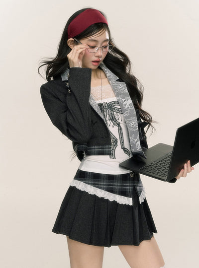 Long-sleeved Short Suit Plaid Jacket/Pleated Skirt DIA0235