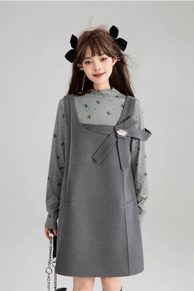 Gray Bow Tie Flower Suspender Dress/Bow Tie Design Top KEI0185